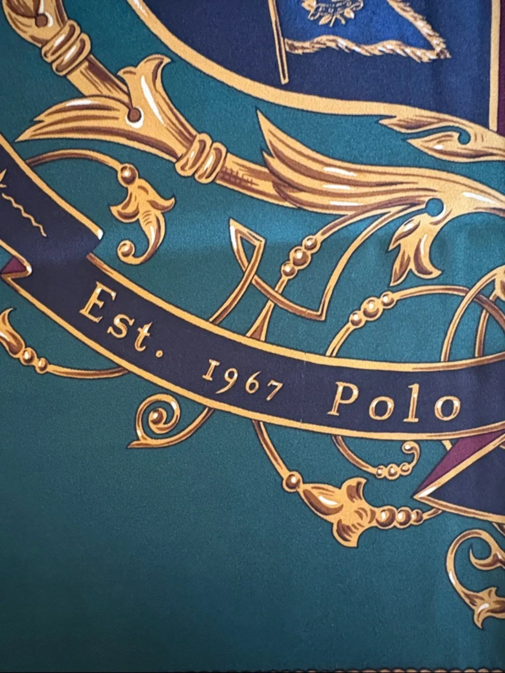 Vintage Polo Ralph Lauren Heraldic Silk Scarf - Teal, Navy, Gold, Burgundy